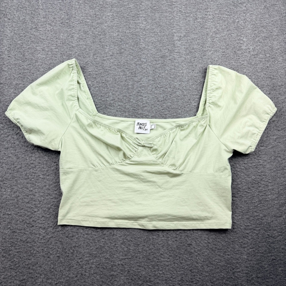 Princess Polly Sage Green Puff Sleeve Sweetheart Crop Top Women's US 12 AU 16